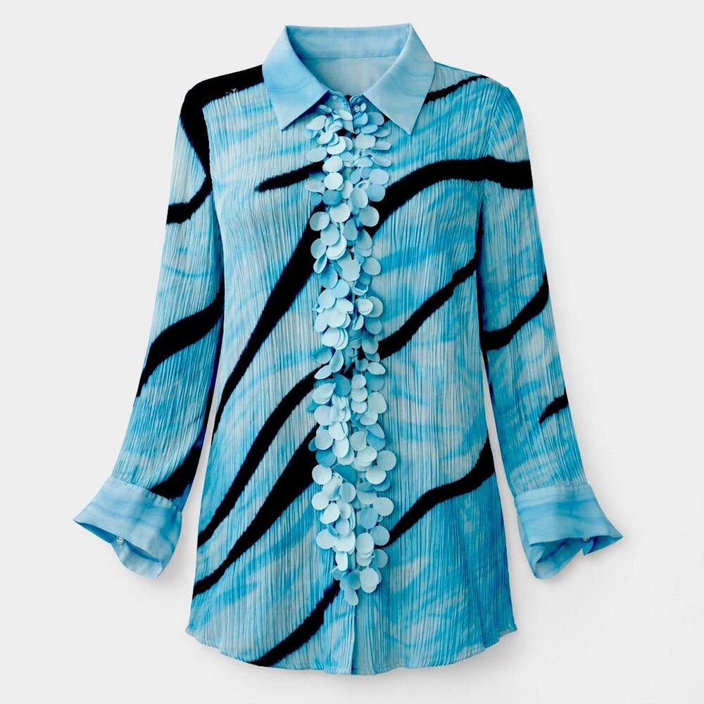 Y2K 3X Sheer Blue Top Womens micro pleating Statement Piece Chiffon Glam Career